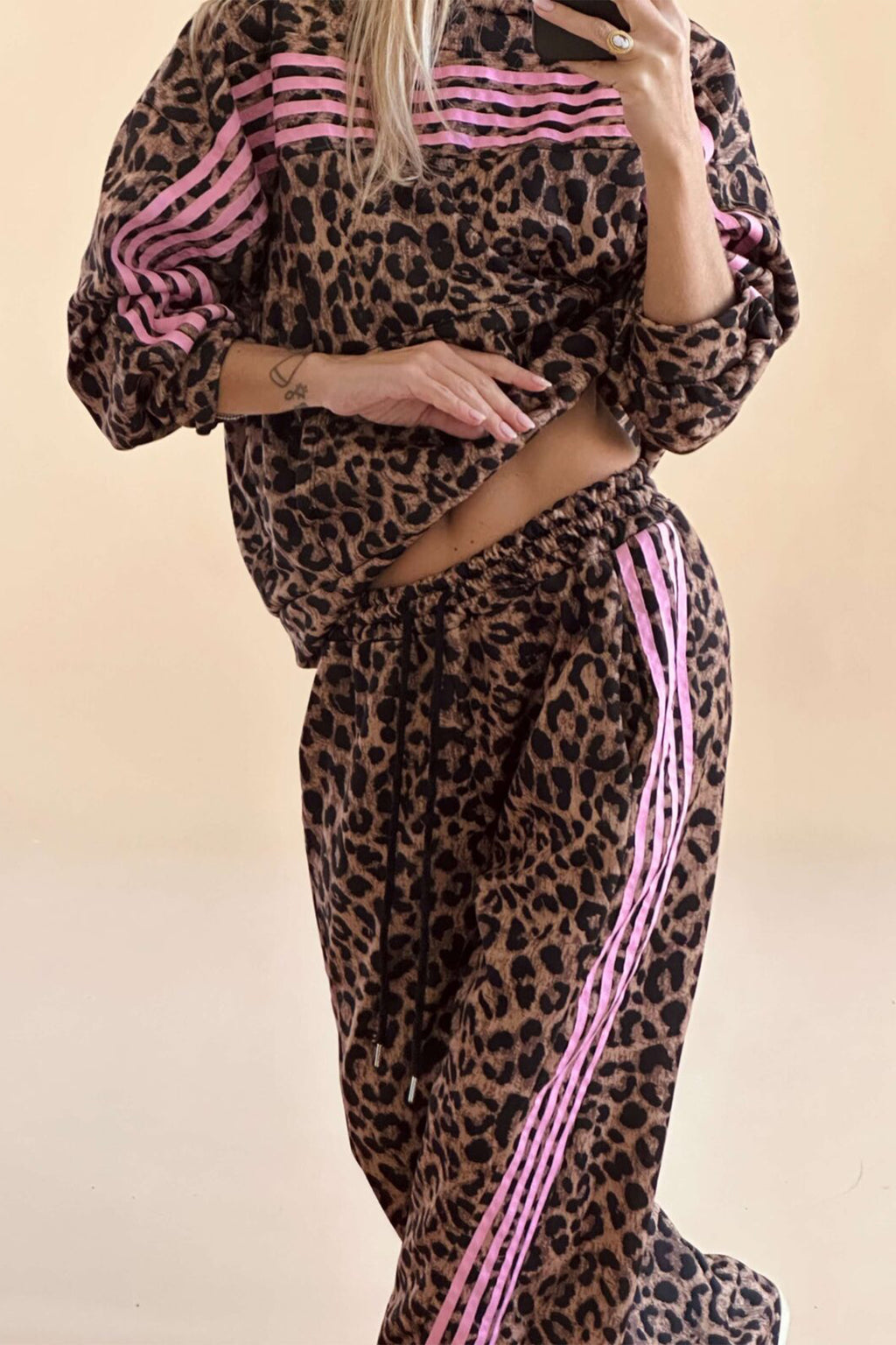 Brown Leopard Print Contrast Striped Detail Long Sleeve Top Pant Set
