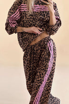 Brown Leopard Print Contrast Striped Detail Long Sleeve Top Pant Set