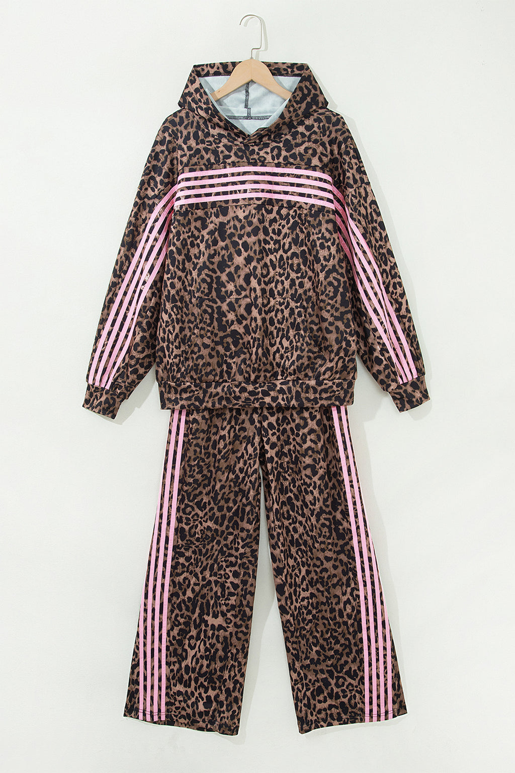 Brown Leopard Print Contrast Striped Detail Long Sleeve Top Pant Set
