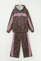 Brown Leopard Print Contrast Striped Detail Long Sleeve Top Pant Set