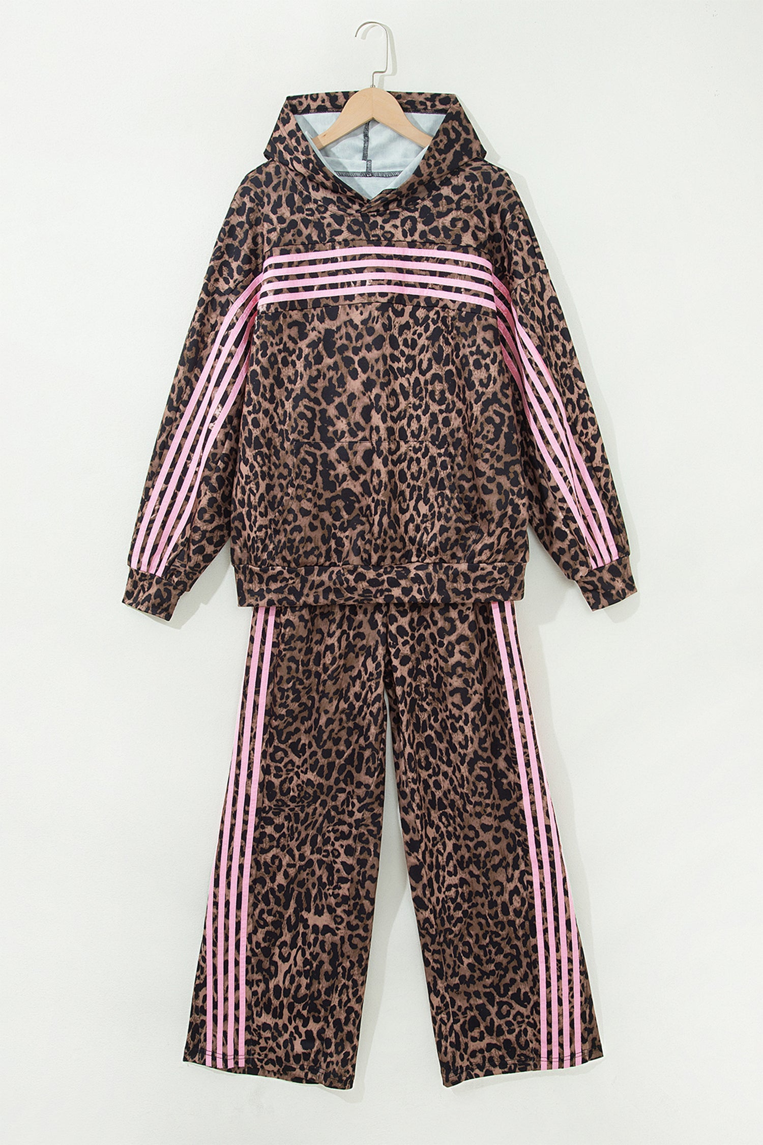 Brown Leopard Print Contrast Striped Detail Long Sleeve Top Pant Set