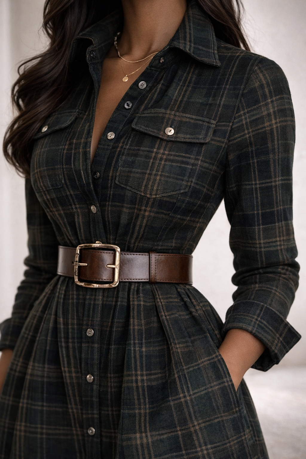 The Arden Plaid Shirt Dress - Green