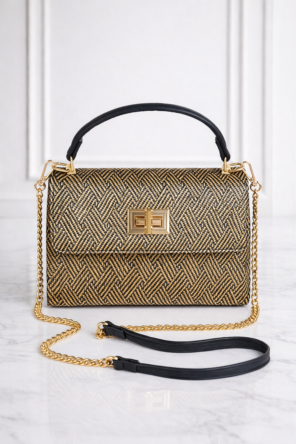 Faux Straw Top Handle Bag