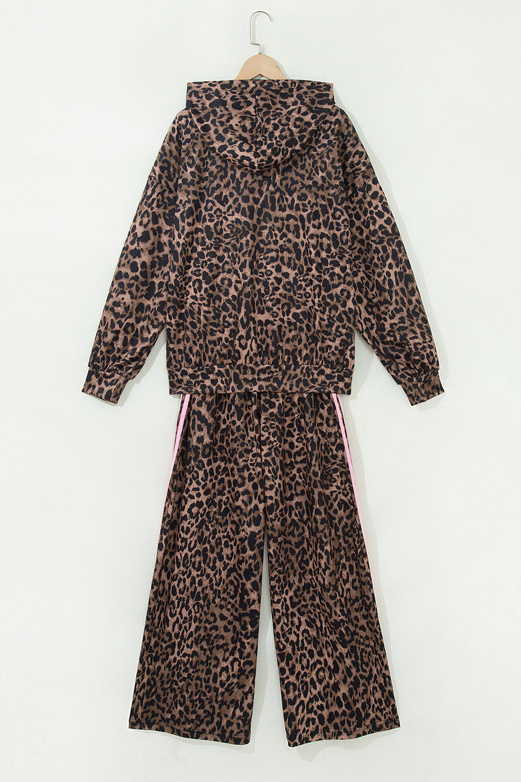 Brown Leopard Print Contrast Striped Detail Long Sleeve Top Pant Set