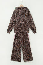Brown Leopard Print Contrast Striped Detail Long Sleeve Top Pant Set