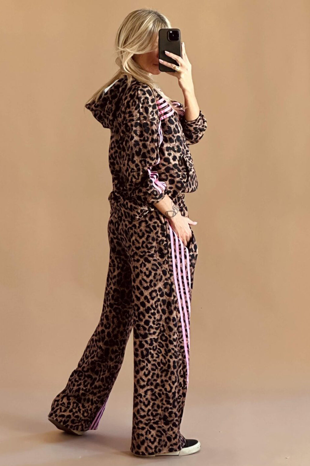 Brown Leopard Print Contrast Striped Detail Long Sleeve Top Pant Set