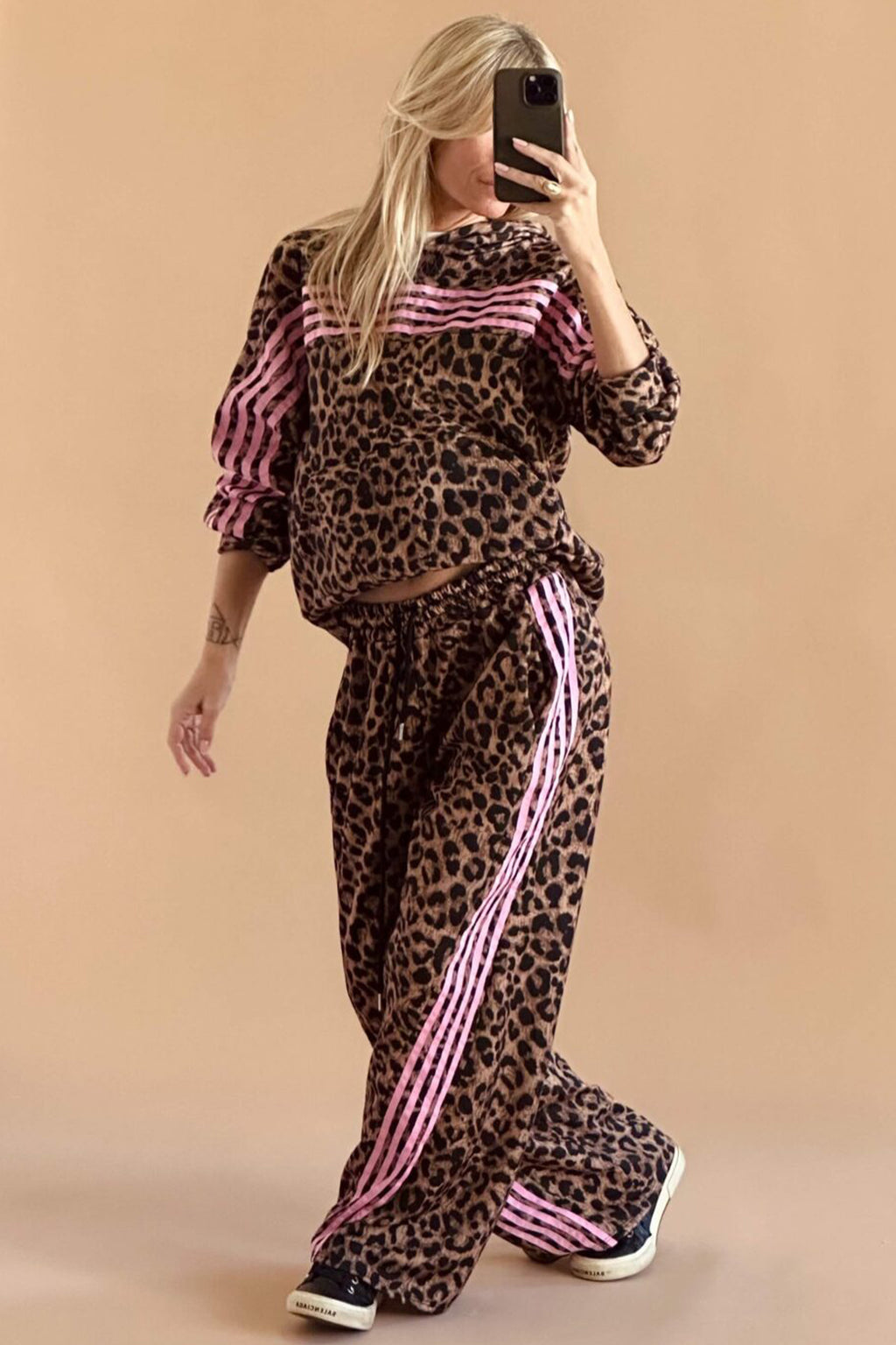 Brown Leopard Print Contrast Striped Detail Long Sleeve Top Pant Set